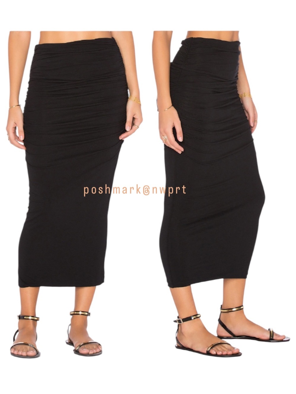 JAMES PERSE Ruched Shirred Midi Maxi Tube Skirt Black 0 XS - Picture 2 of 11